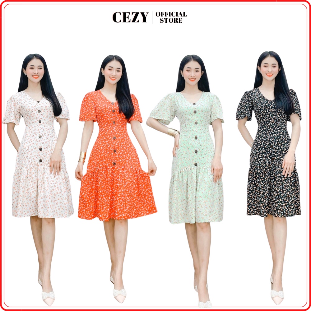 Đầm hoa nhí cổ tim nút dọc tay cánh tiên có size bigsize CEZY D70