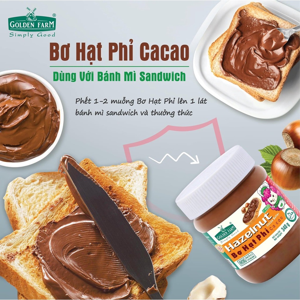 Bơ hạt phỉ cacao Golden Farm hàng chính hãng, dùng phết bánh mì, xay sinh tố