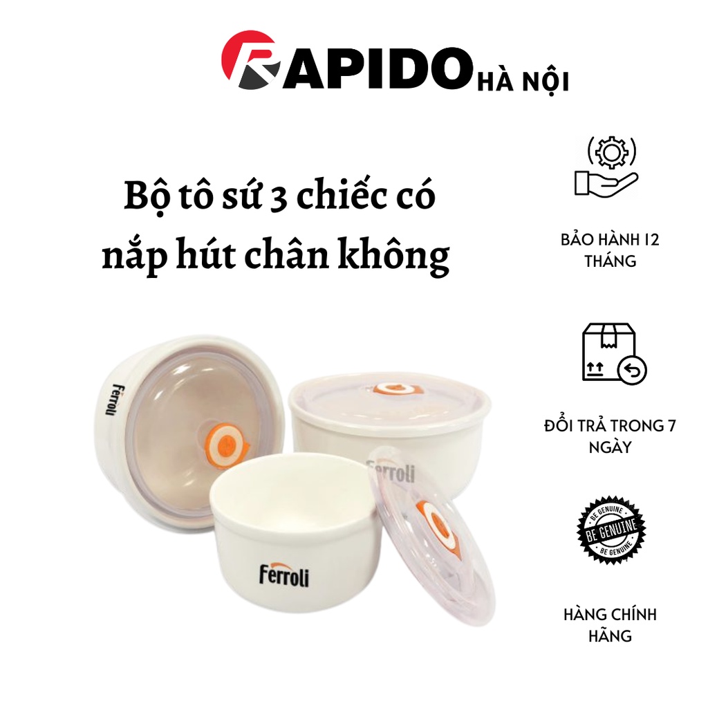 Bộ 3 bát sứ có nắp đậy hút chân không Ferroli an toàn sử dụng trong tủ lạnh và lò vi sóng