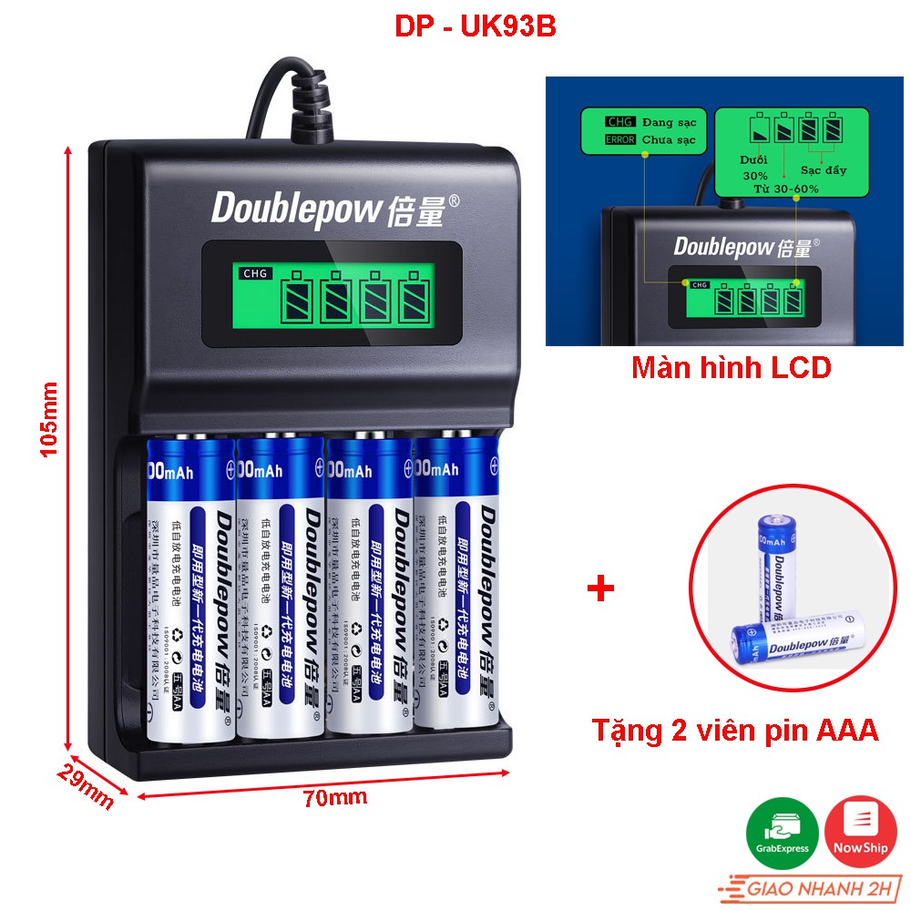 Bộ sạc pin Doublepow có màn hình hiển thị dùng để sạc 4 viên pin AA/AAA cổng USB(DP-UK93B) - tặng 2 viên pin AAA 900mAh