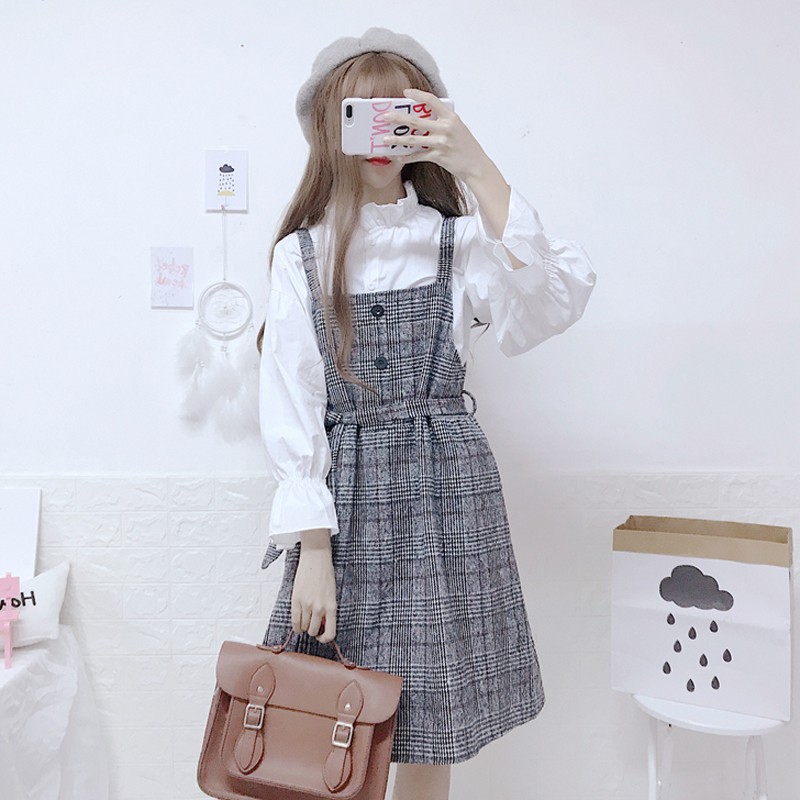 Mùa thu mới của phụ nữ Nhật Bản ngọt ngào retro kẻ sọc dây đeo váy + tai gỗ áo sơ mi trắng phù hợp với nữ