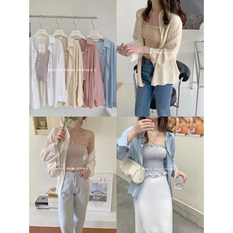Set sơ mi dài tay trơn kèm áo 2 dây bèo nhún, set áo sơ mi 2 món dài tay - SHOP THƠM PHẠM