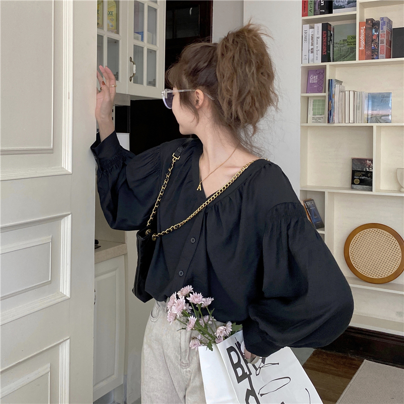 Áo kiểu tay dài cổ chữ V màu trơn thanh lịch 37798