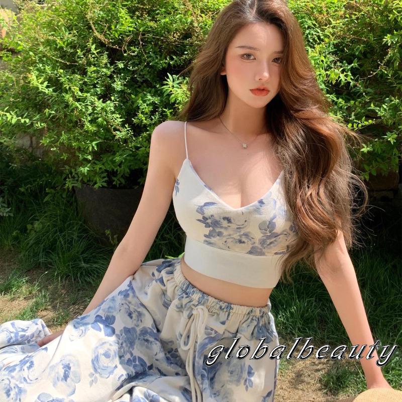 Set Áo 2 Dây Cổ Chữ V In Hoa + Quần Dài Lưng Thun Thời Trang Nữ