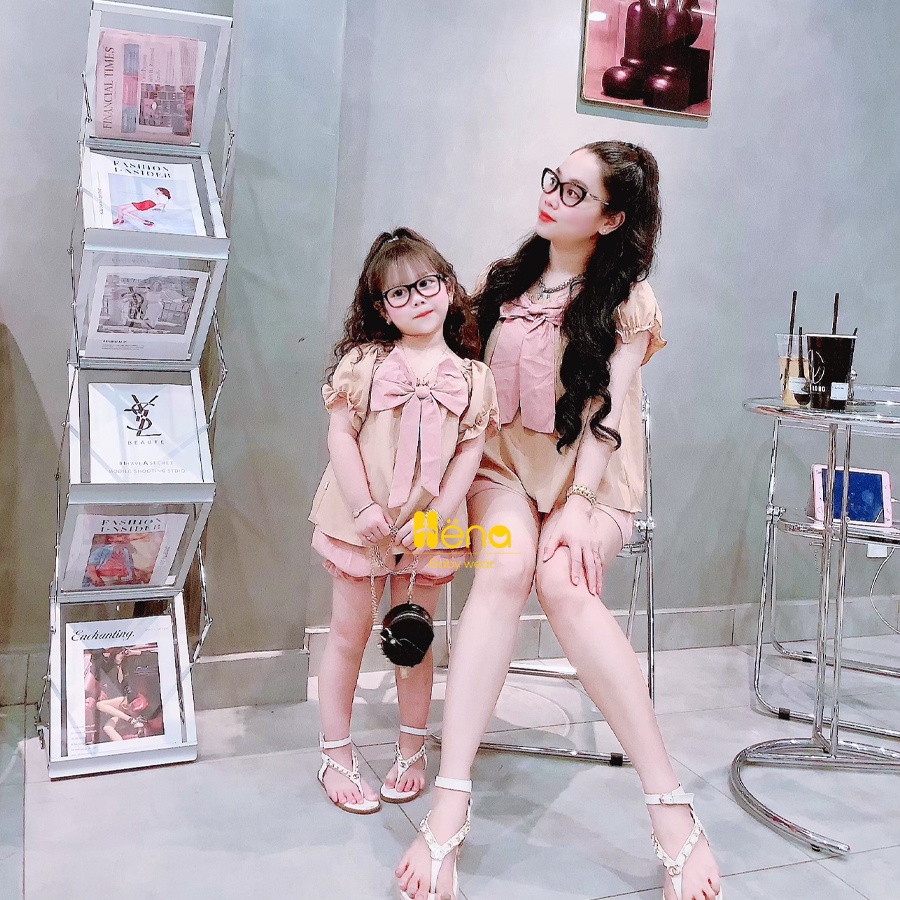 Set đồ đôi Mẹ và bé gái màu hồng phấn, đồ bộ mẹ và bé - Henashop