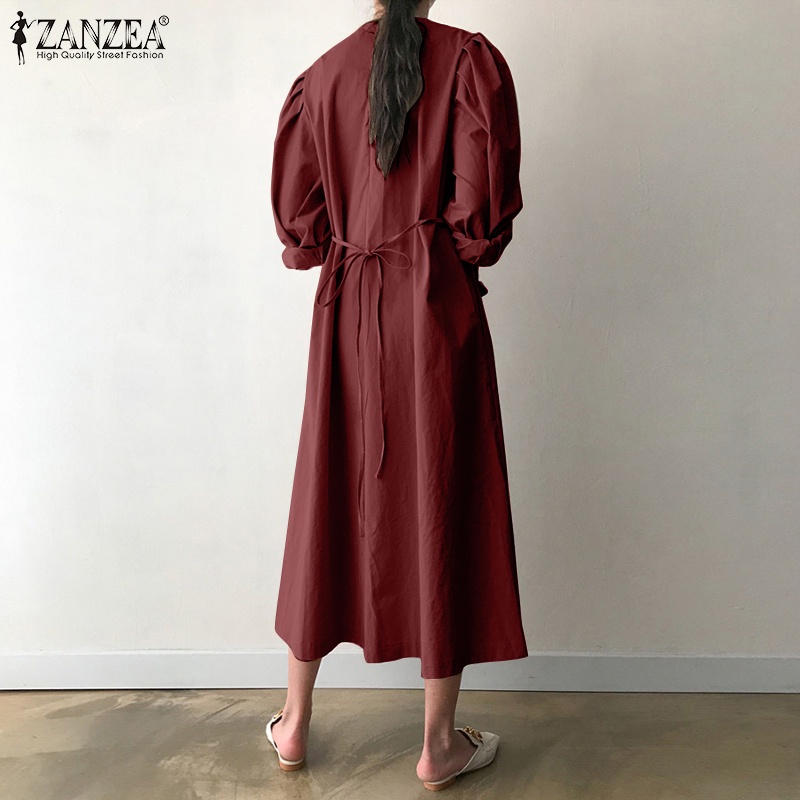 Đầm maxi ZANZEA tay dài cổ tròn màu trơn cài nút thời trang cho nữ
