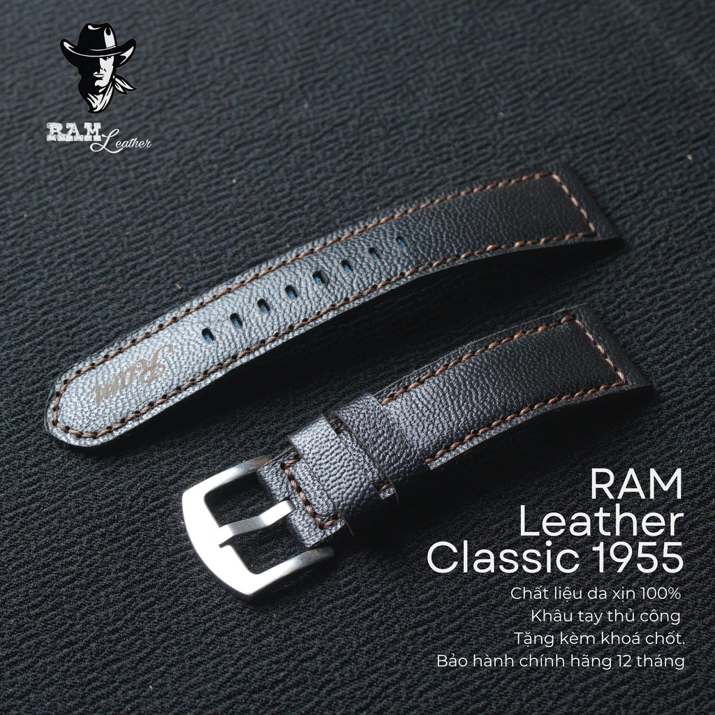 Dây Đồng Hồ Da Thật RAM Leather 1955 Da Dê Đen Tuyền Vân Alran Tự Nhiên Bền Đẹp
