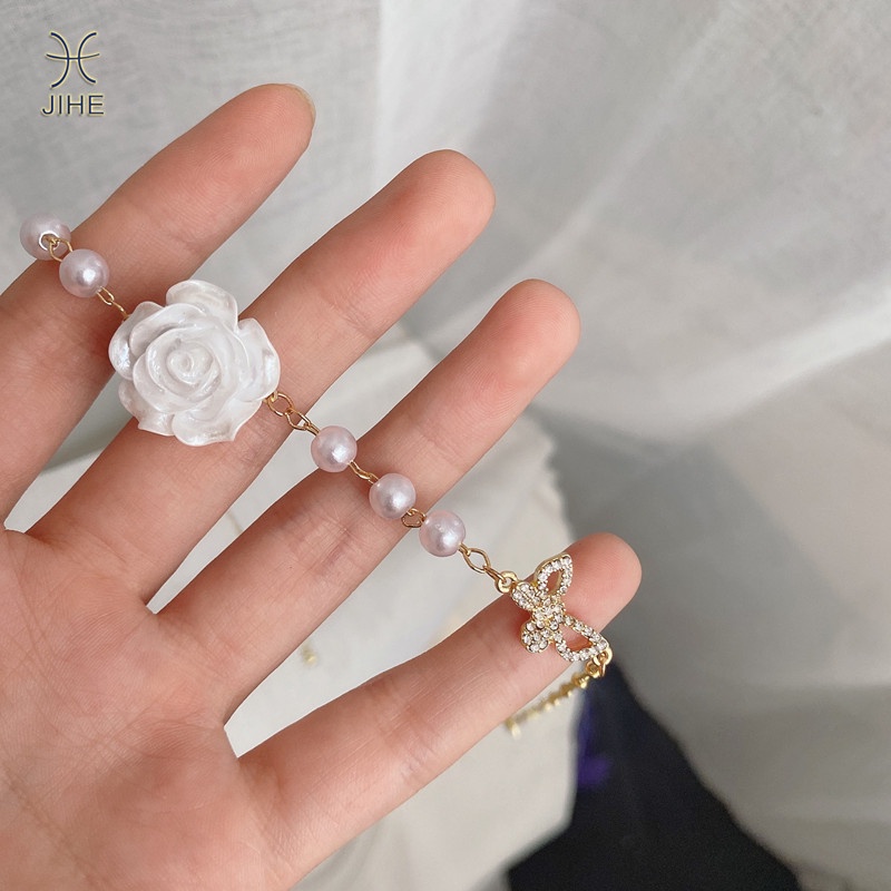 【JIHE】Vòng cổ Mặt Hoa Hồng Đính Ngọc Trai Thời Trang