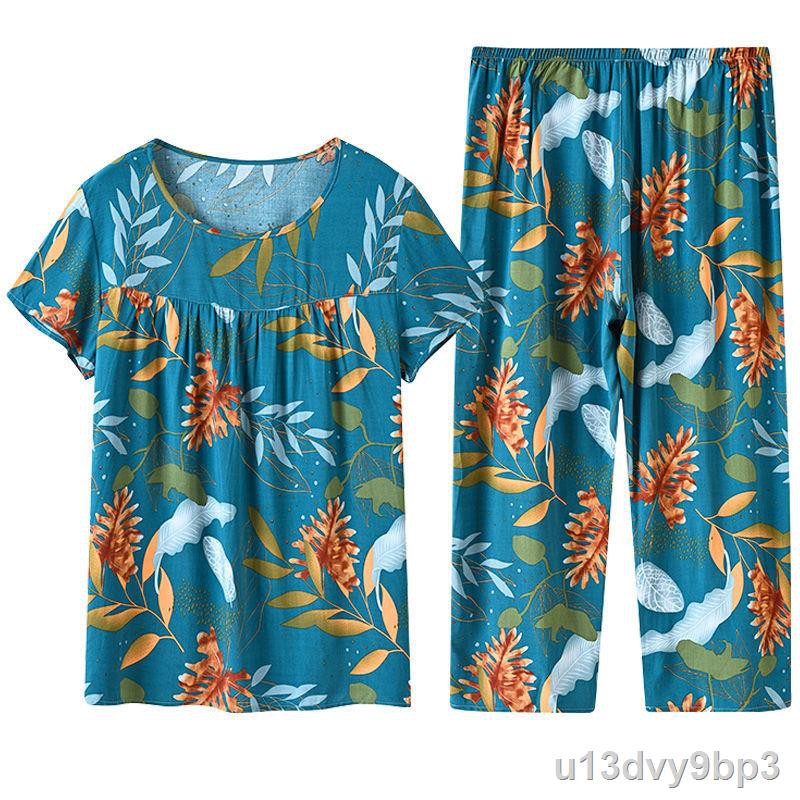 Bộ đồ ngủ bằng lụa cotton, quần áo mặc nhà rayon hai mảnh của phụ nữ, người già dành cho đùi mỏngY