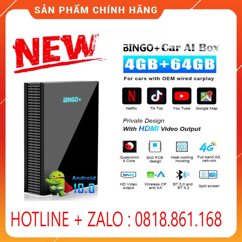 Carplay Android Box BINGO Ram 4gb Android 10 Thế Hệ Mới , Quạt Tản Nhiệt Thông Minh Lắp Ô Tô Cắm Sim 4g