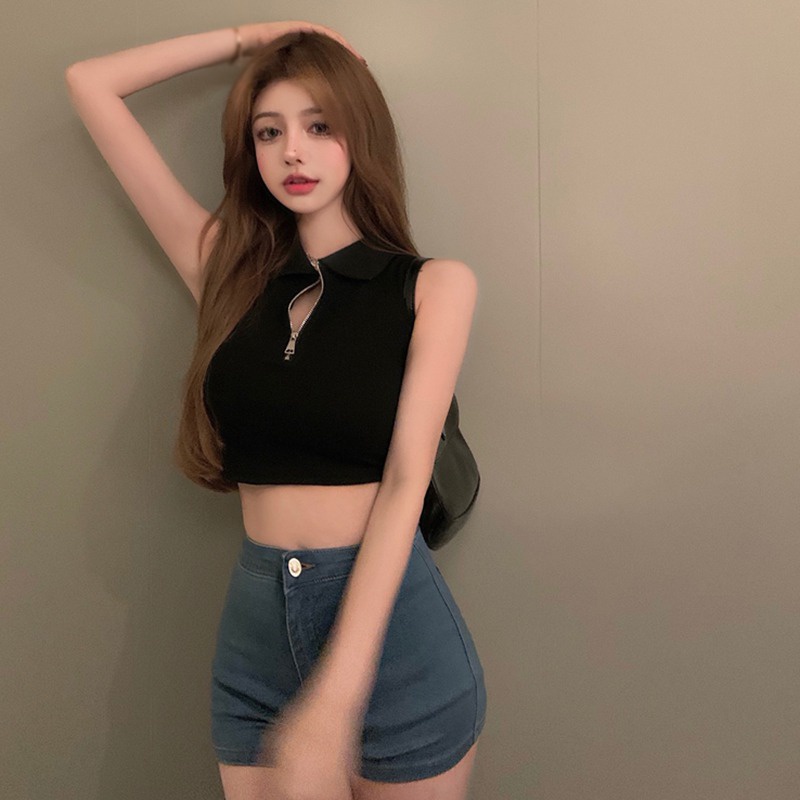 Áo Croptop Dệt Kim Sát Nách Phối Khóa Kéo Trước Thời Trang Mùa Hè Quyến Rũ Cho Nữ