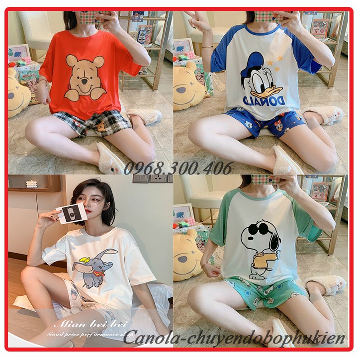 Bộ đồ mặc nhà, đồ ngủ ngắn tay chất COTTON ĐẸP in họa tiết hoạt hình dễ thương cho nữ-BN1