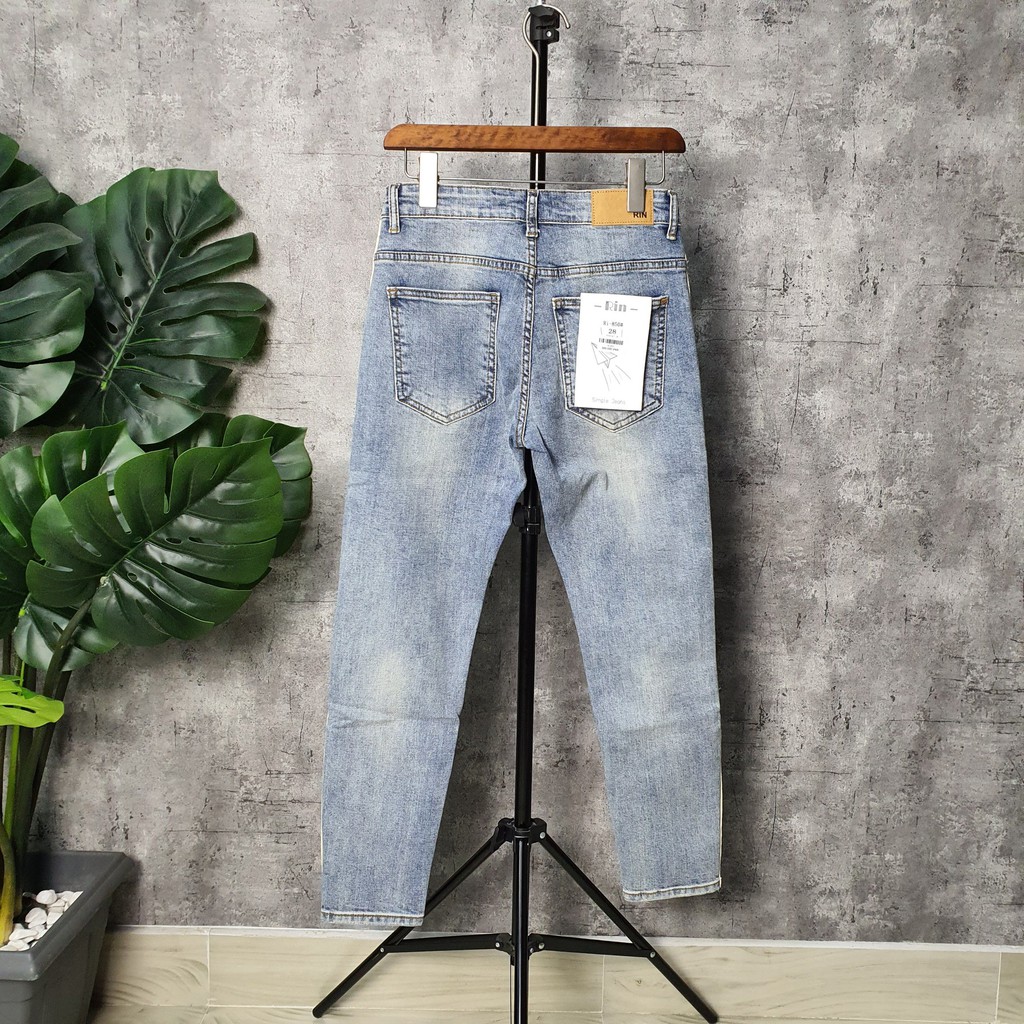 Quần jean nam W2P 850 skinny jeans xanh trơn sọc trắng