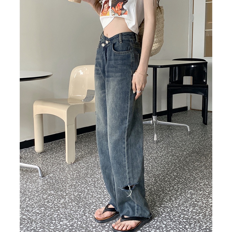 Quần Jean Nữ Lưng Cao Ống Đứng Rách Gối Thời Trang