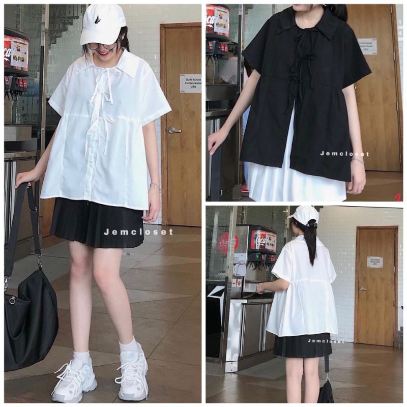 Áo Babydoll Nữ Buộc Dây 🦋 Áo Sơ Mi Nữ Cộc Tay Cổ Bẻ 2 Màu 🦋