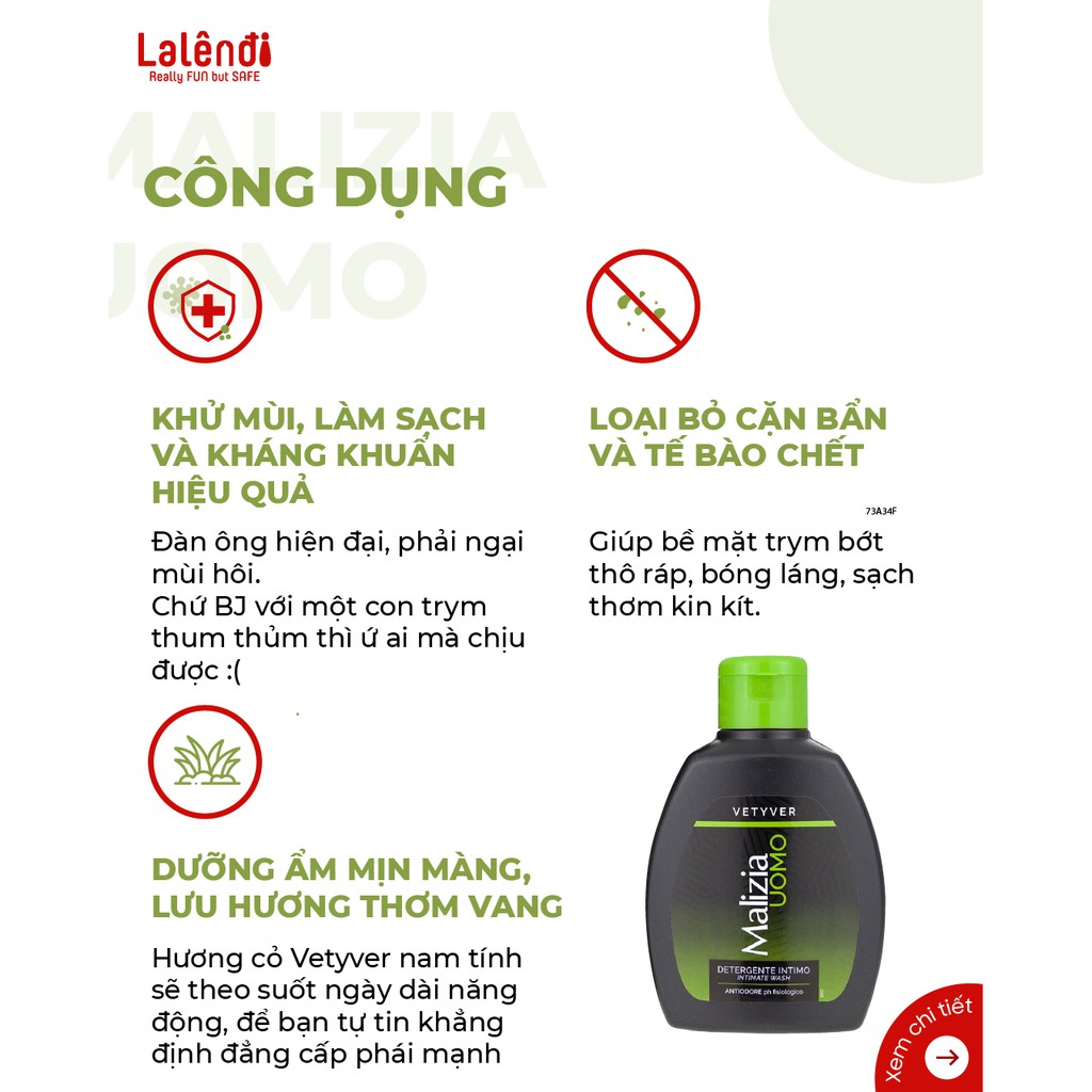 Dung Dịch Vệ Sinh Vùng Kín Nam MALIZIA UOMO Hương Cỏ Thơm Vetyver Ngăn Mùi 200ml, Chăm Sóc Sức Khỏe Nam Giới | LALENDI