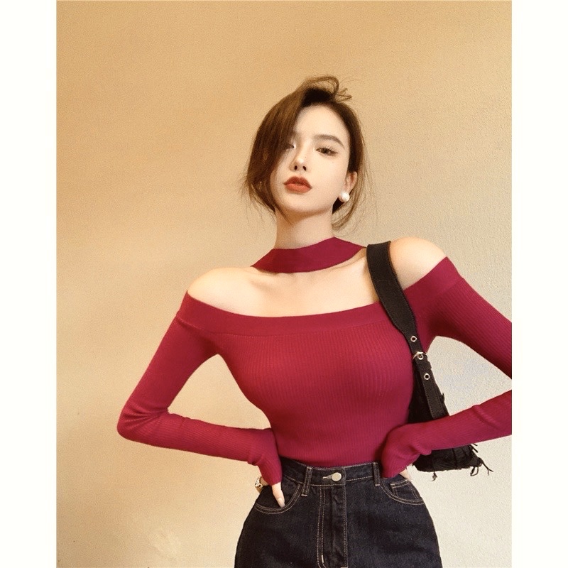 Áo trễ vai dáng ngắn quyến rũ trẻ trung hợp thời trang Màu Đỏ K303