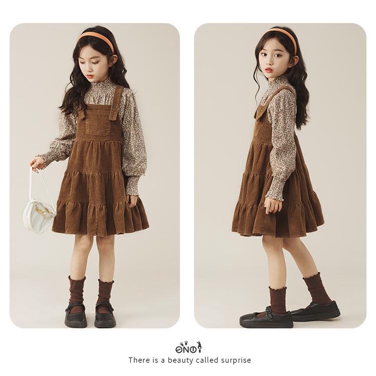 Set Áo Thun Dài Tay In Hoa + Đầm Yếm Thời Trang Hàn Quốc Cho Bé Gái