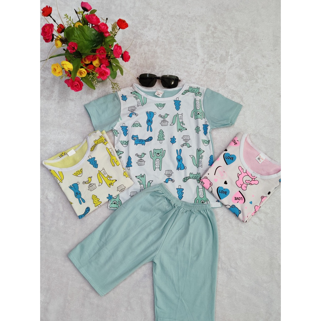 AP36 Bộ thun tay ngắn quần lửng bộ cộc tay mặc nhà in hình đủ màu cho bé chất vải cotton mềm co giãn thấm hút