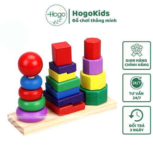 Đồ chơi gỗ xếp hình tháp cầu vồng 3 cọc rèn luyện phát triển tư duy quan sát khéo léo cho con từ 1 - 3 tuổi