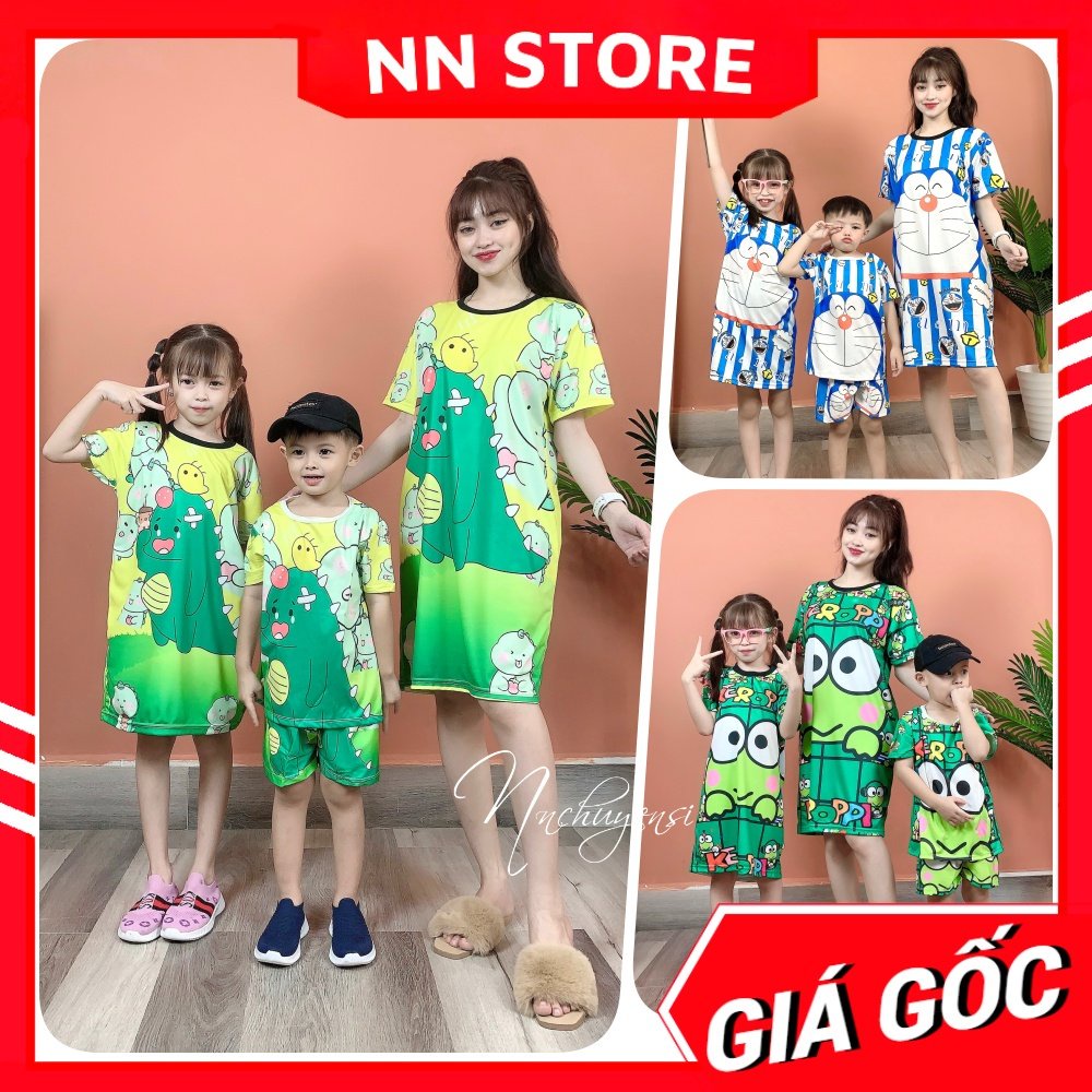 Set thun 3D gia đình mẹ và bé in hình hoạt hình dễ thương Đầm thun phom suông chất thun mềm mát Đầm bộ thun đùi DBRB