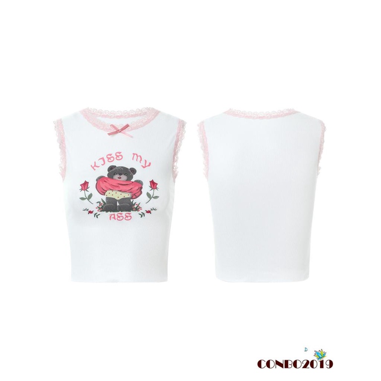 Áo Tank Top Không Tay Cổ Tròn Phối Ren Họa Tiết Gấu Hoạt Hình Thời Trang Mùa Hè Cho Nữ