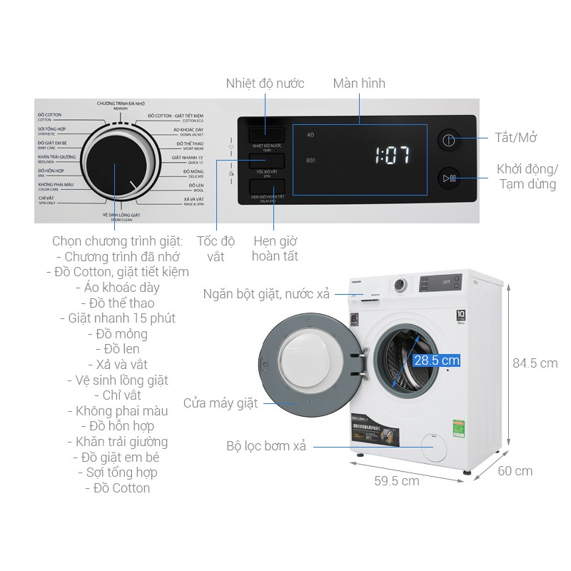 Máy giặt Toshiba Inverter 8.5 Kg TW-BH95S2V WK chính hãng