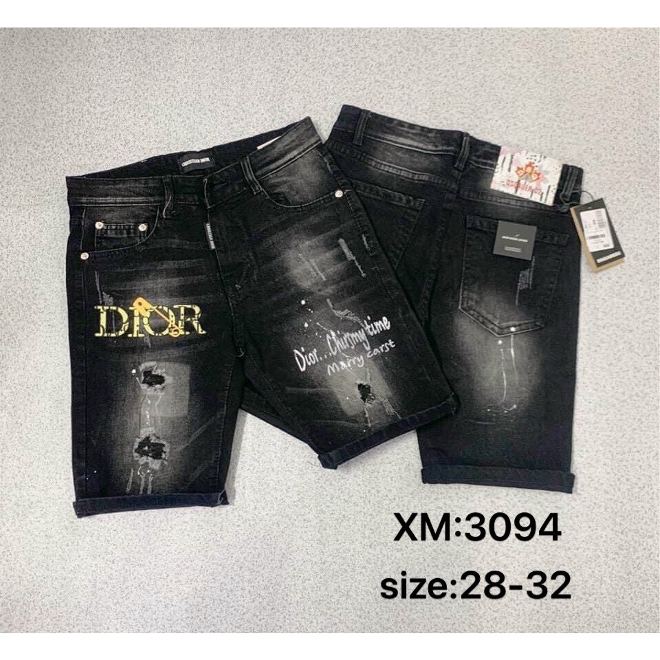 Quần short jean nam đen in họa tiết, quần đùi nam chất jean vải dày co dãn phong cách cá tính