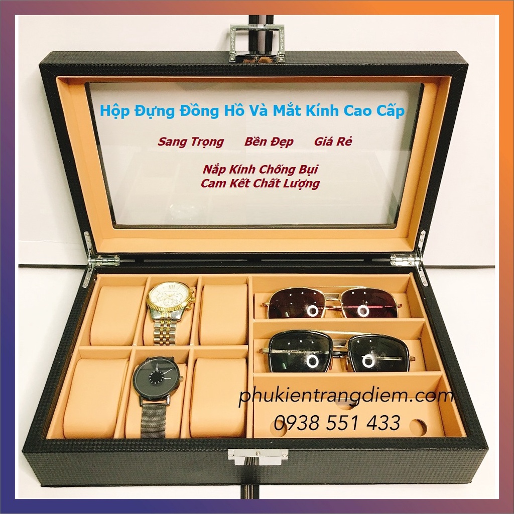 Hộp Đựng 6 Đồng Hồ + 3 Mắt Kính Da Cacbon - Sang Trọng Cao Cấp - Có Nắp Kính Chống Bụi