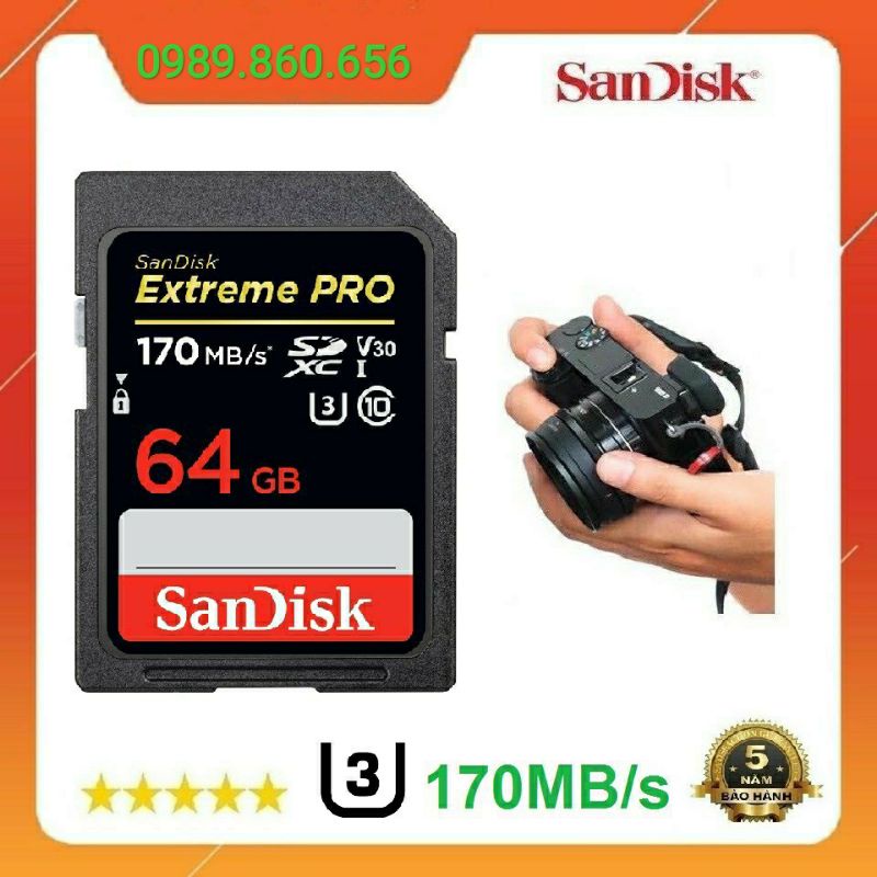 Thẻ nhớ máy ảnh Sandick Extreme PRO 128GB 64GB 32GB 16GB U3  upto 170MB/s chụp tốc độ cao và quay video 4K