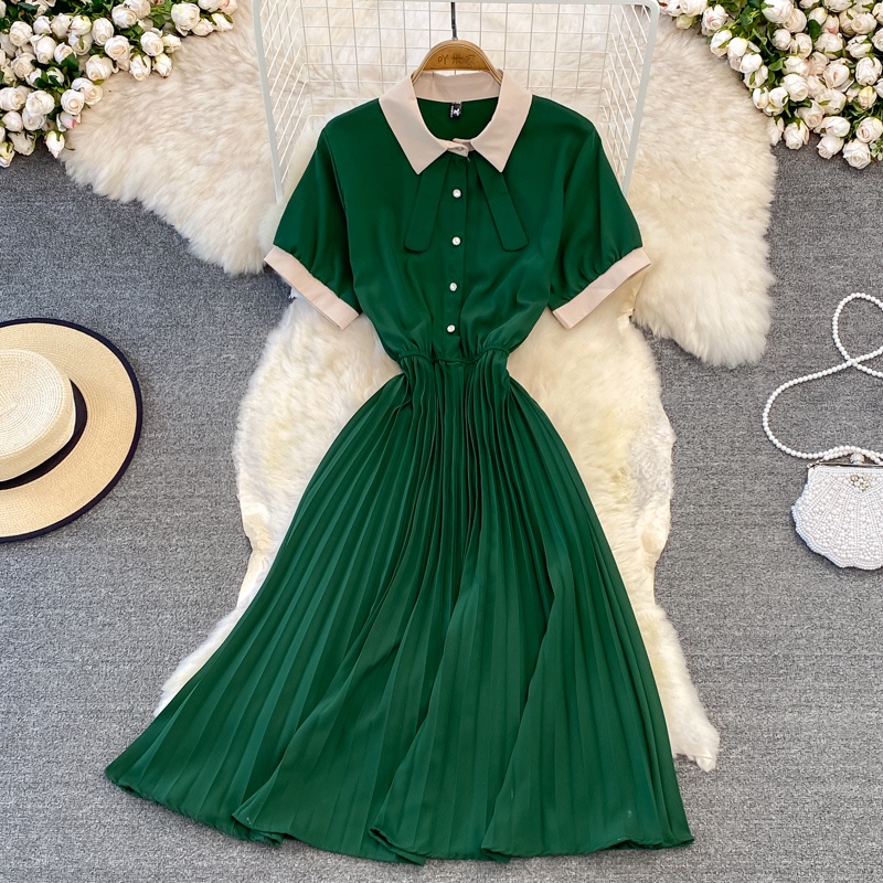 Đầm Midi Tay Ngắn Cổ Bẻ Xếp Ly Thời Trang Cho Nữ