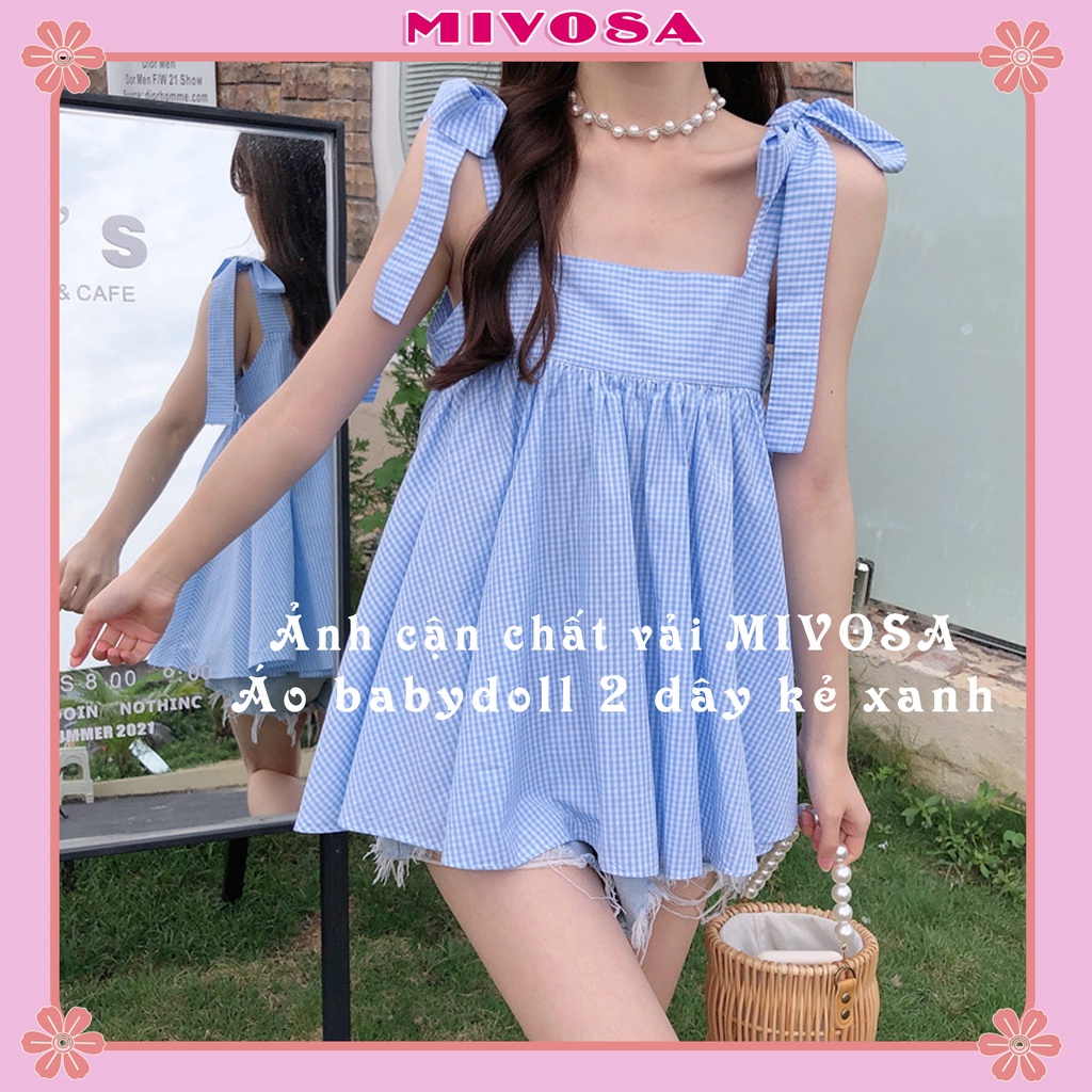 Set bộ nữ style Hàn Quốc set áo babydoll hai dây thắt nơ kẻ xanh và quần short trắng cực xinh MIVOSA SK001