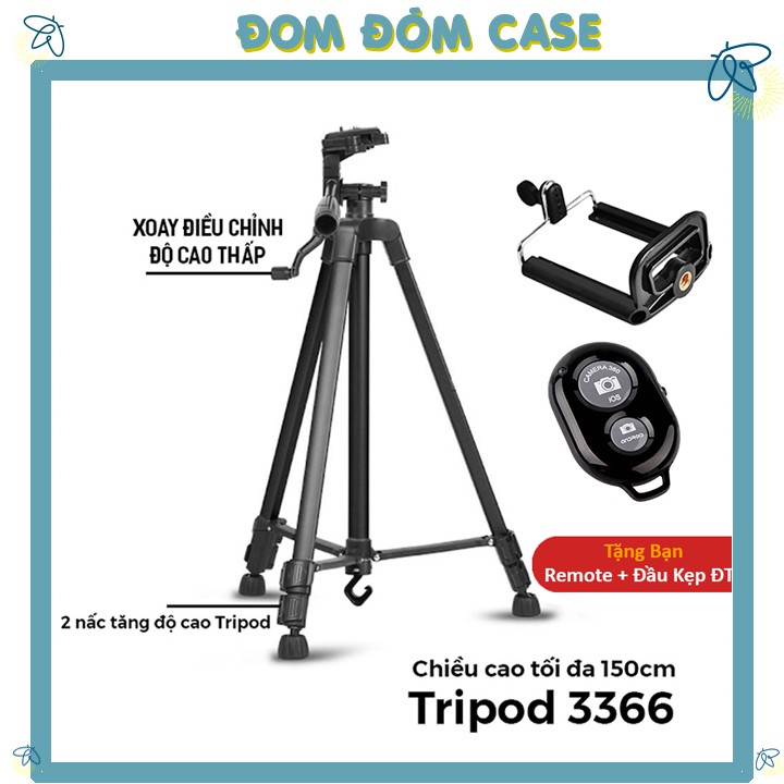 (FREESHIP) Gậy Tripod cho điện thoại và máy ảnh 3366 dài 1m5 cao cấp - Tặng kèm Đầu kẹp điện thoại và Remote Bluetooth