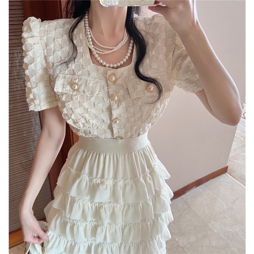Áo Sơ Mi Ngắn Tay Cổ Vuông Một Hàng Nút Lưng Cao Phong Cách Hàn Quốc Thời Trang Mùa Hè Mới