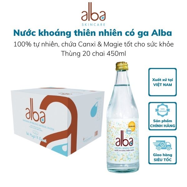 Thùng 20 chai nước khoáng thiên nhiên có ga Alba tự nhiên 100% bổ sung Canxi Magie giúp tăng cường đề kháng 450ml