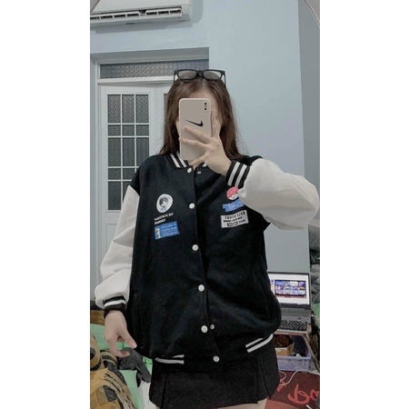 Áo Khoác Bomber Nỉ In nút Bấm Baby Form rộng Unisex Nam Nữ Couple - Lana Store