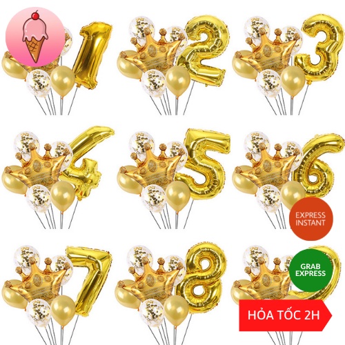 Set Bóng Vương Miện, Bóng Kim Tuyến, Bóng Nhũ Và Số Màu Vàng Gold Phong Cách Hiện Đại Trang Trí Sinh Nhật - K145