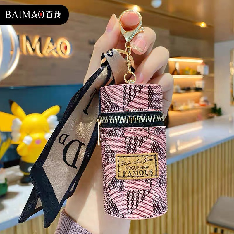 Túi da hoa đựng son môi, móc khoá nhỏ gọn tiện lợi, dây đeo phối khăn lụa cao cấp sang trọng