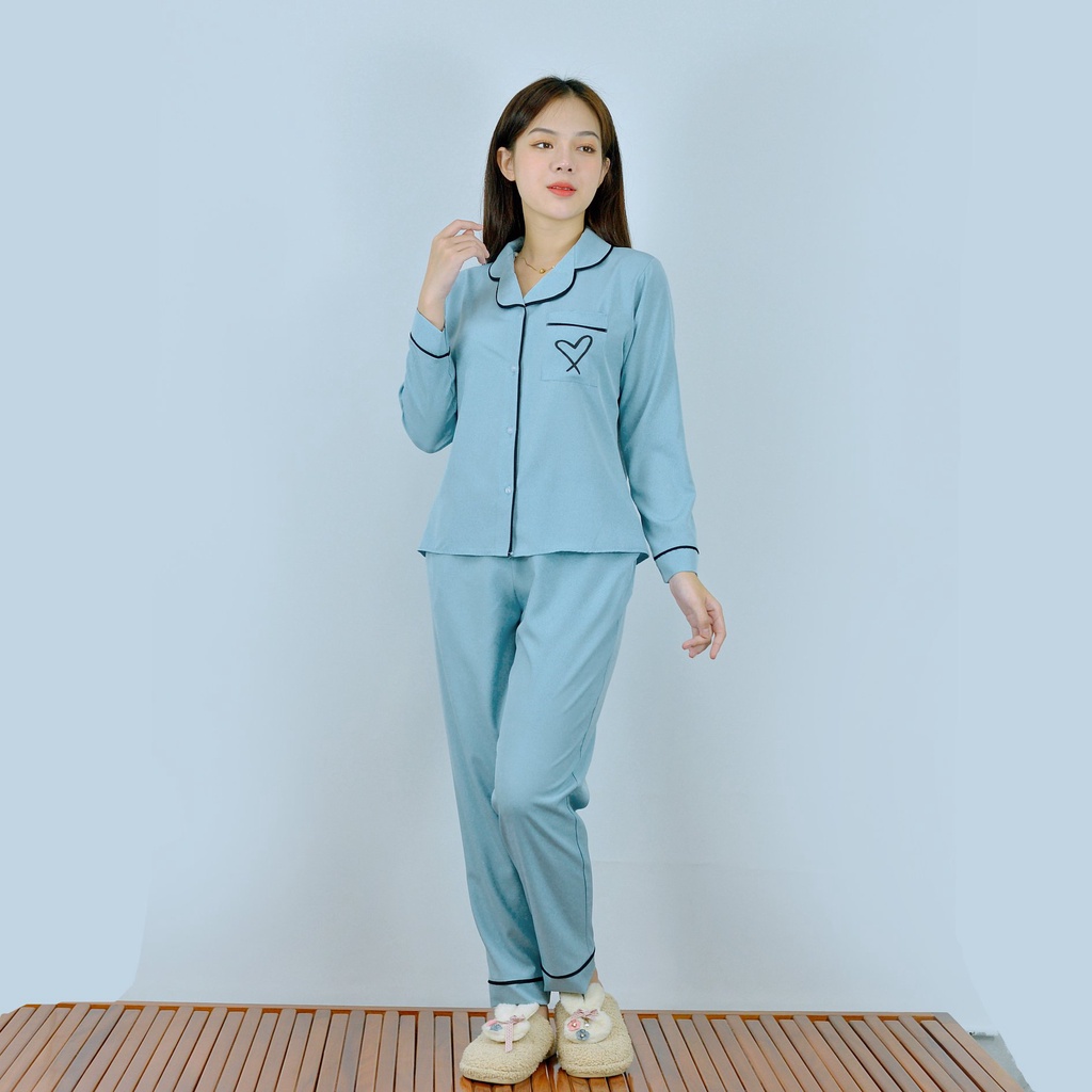 Bộ PIJIMA Nữ màu XANH XÁM Chất Lụa Cao Cấp - Quần dài tay dài điểm nhấn in trái tim túi  - Nhẹ nhàng - Sang trọng