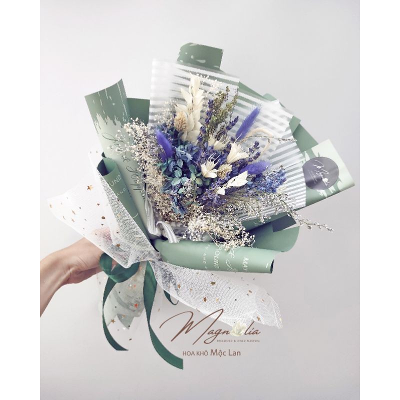 Bó hoa khô không tàn gói giấy gói hoa kim tuyến hàn quốc cao cấp