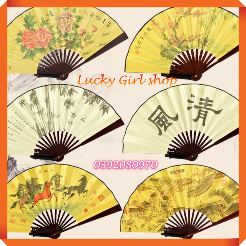 Quạt Xếp Phong Cảnh Mã Đáo Thành Công Thư Pháp Giấy Lụa In 2 Mặt Nan Gỗ Dài 33cm Vòng Cung Xoè 60cm - Lucky Girl shop