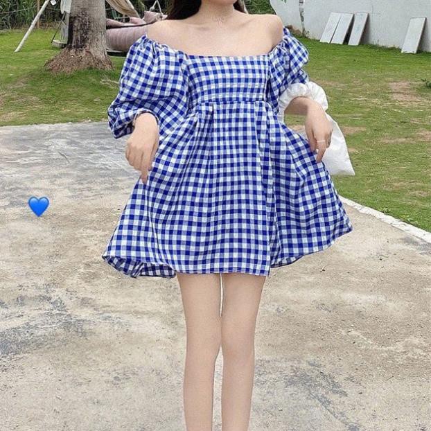 Áo váy đầm nữ kẻ caro xanh tay bồng freesize dáng suông - váy đầm nữ kẻ caro phom rộng giấu dáng siêu xinh ྇ ་
