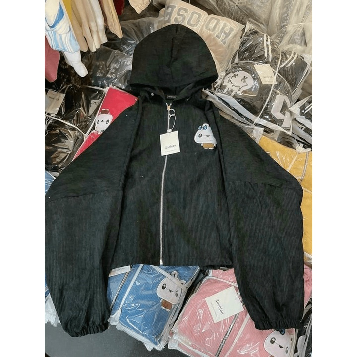 Áo Khoác Nữ Form Rộng Thêu Logo Thỏ Trắng Vải Nhung Gân Phong Cách Ulzzang  TP[NewUnisex]