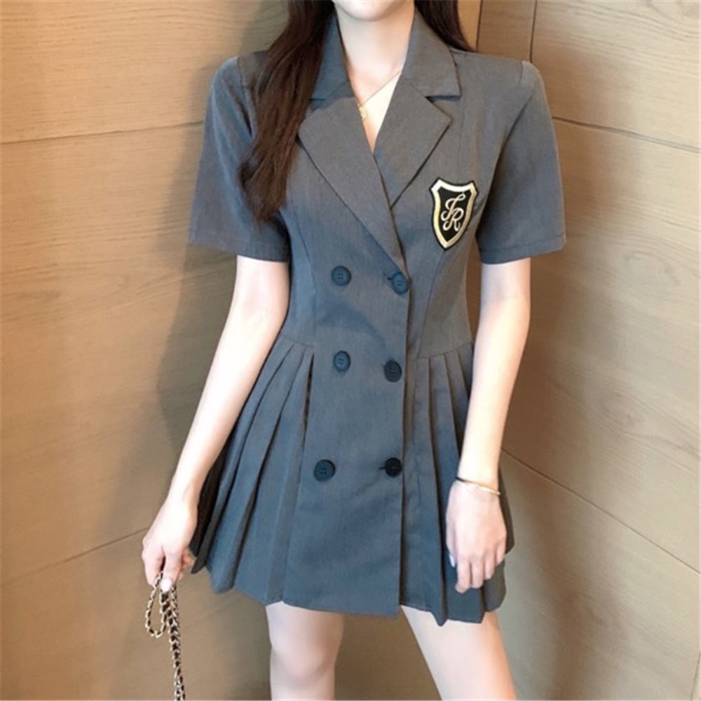 Chân váy ngắn xếp ly hai hàng nút màu đen thời trang mùa hè cho nữ