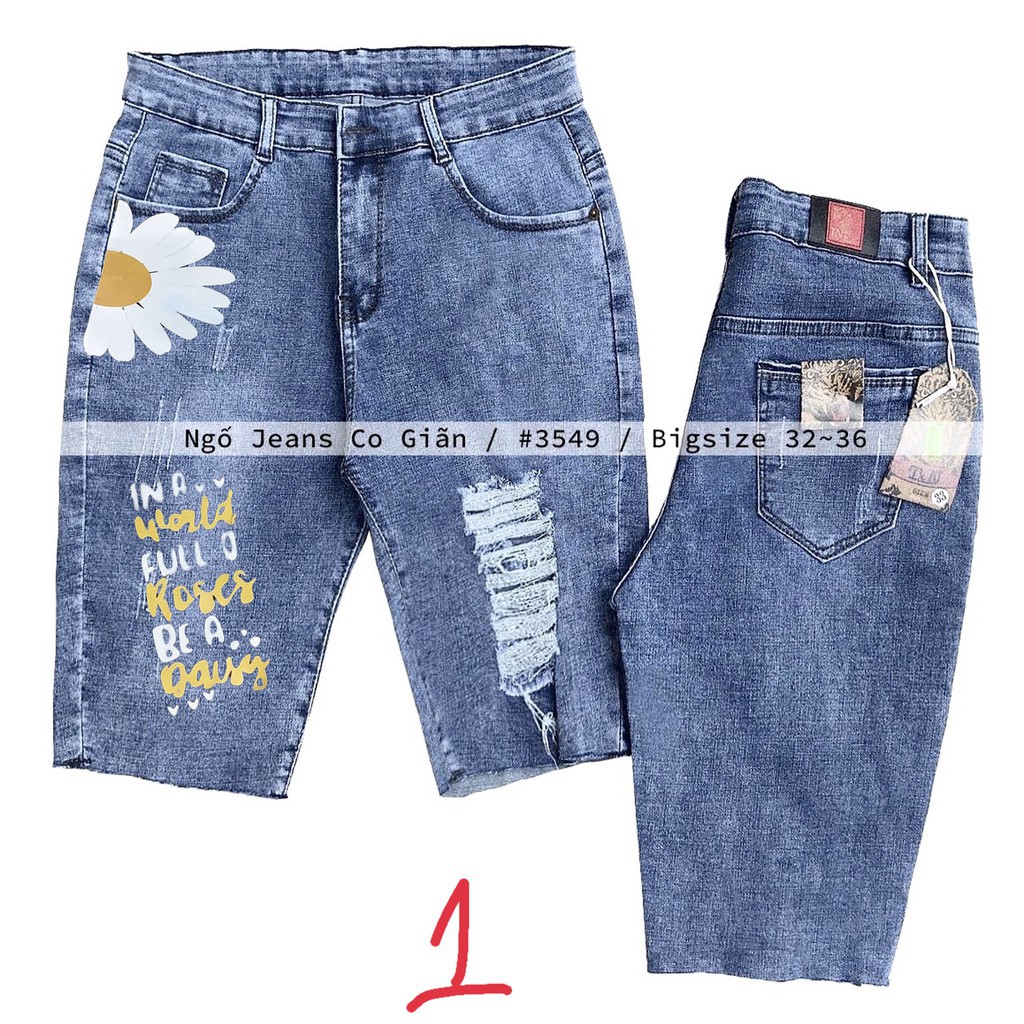 HÀNG NHẬP KHẨU -  [60kg~90kg] Quần jean ngố / lửng BIGSIZE lưng cao, co dãn mạnh rách kiểu in hình mickey hoa cúc dễ thư