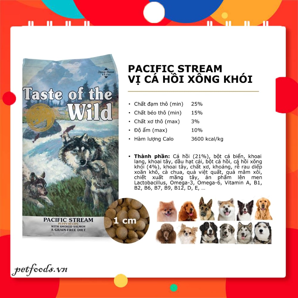 Hạt cho chó TASTE OF THE WILD Pacific Stream 170g vị Cá Hồi Xông Khói