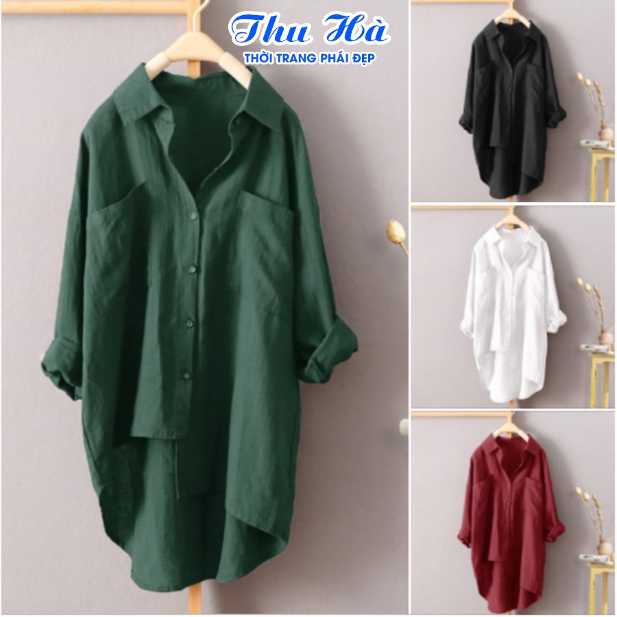 Áo sơ mi nữ dài tay form rộng bigsize kiểu tà lệch sang chảnh Thu Hà chất liệu đũi tơ mềm nhẹ thoáng mát SMH.31