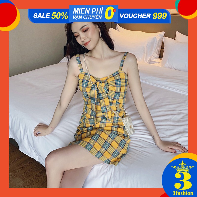 FLASH⚡SALE 18h-21h Đầm Hai Dây Họa Tiết Caro Buộc Nơ Ở Ngực Tôn Dáng Vải Mềm Mịn Mát Style Hàn Quốc - MSP D05A