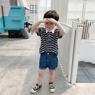 Áo phông cổ bẻ kẻ đen trắng B54 bé trai-bé gái