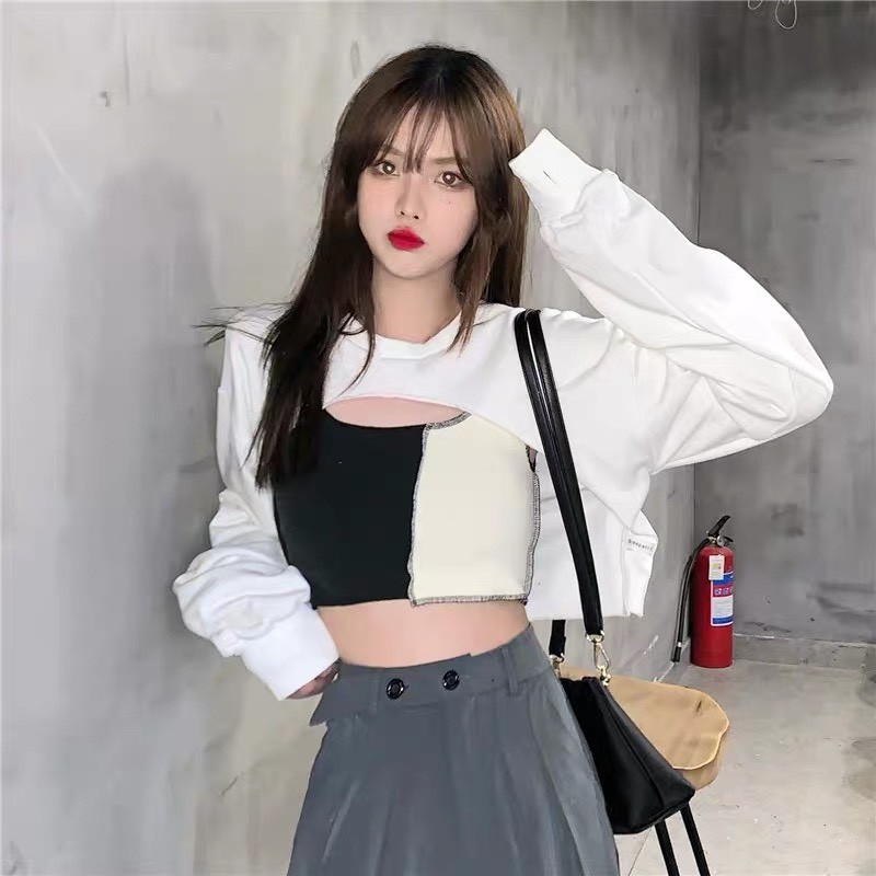 set áo croptop KA Closet 2 món áo ngoài + áo trong mặc được 2 kiểu chất zip cotton dầy mịn co dãn mềm